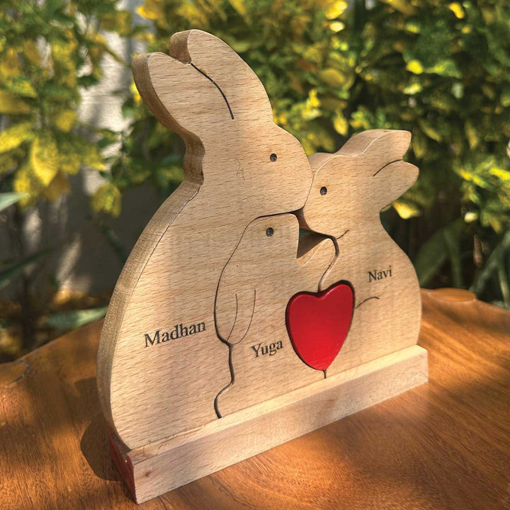Personalized Rabbit Family Of 3 Wooden Figurine