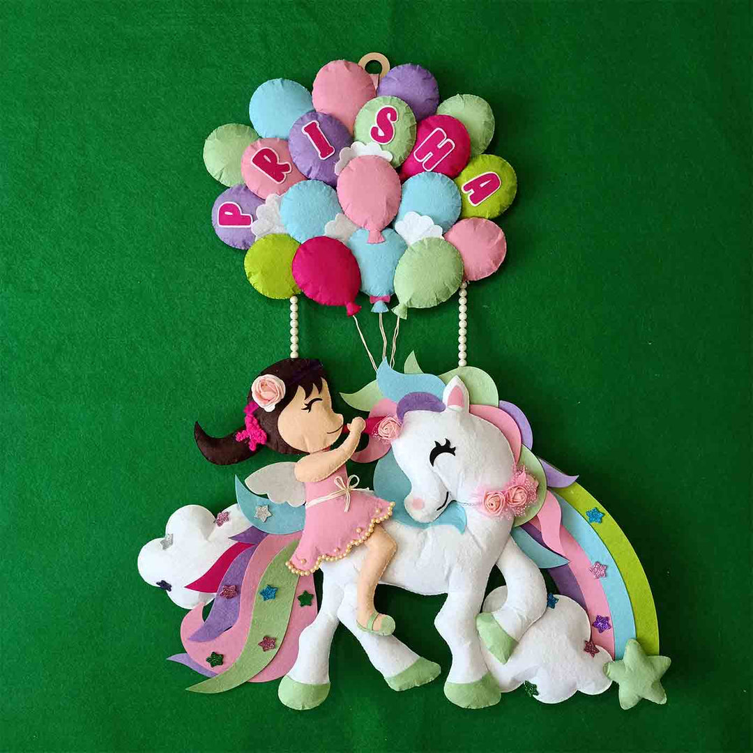 Handcrafted Personalized Felt Name Plate for Kids | Unicorn with Balloons