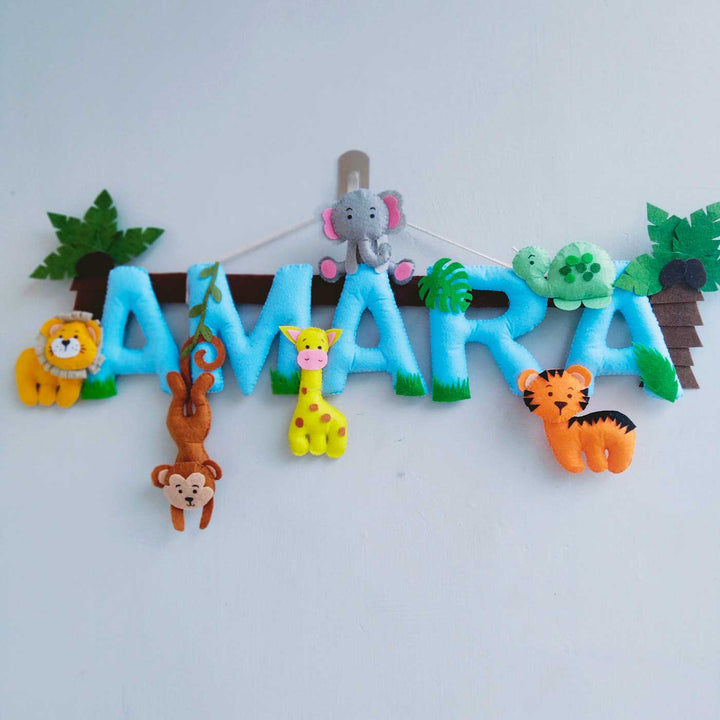 Personalized Blue Jungle Theme Felt Kids Name Plate