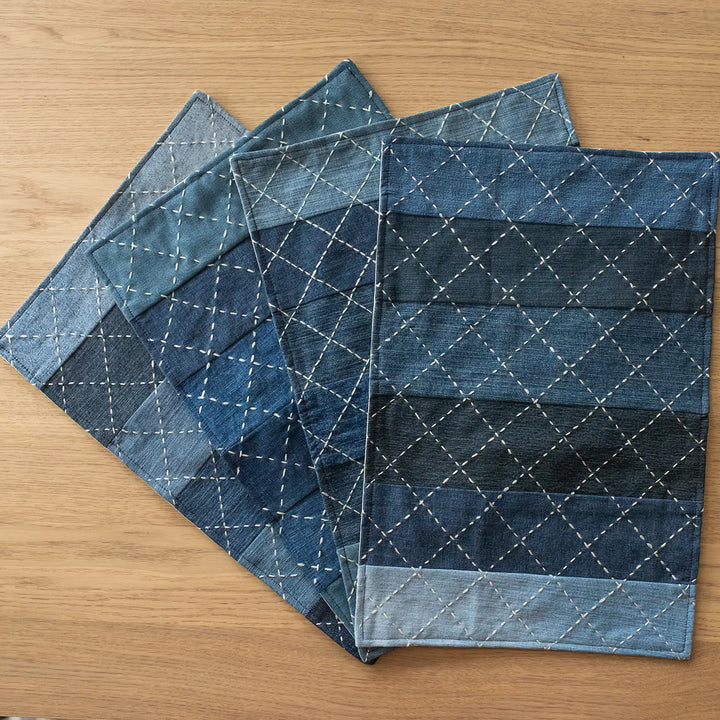 Upcycled Hand Embroidered Denim Criss Cross Eco-Friendly Table Mat