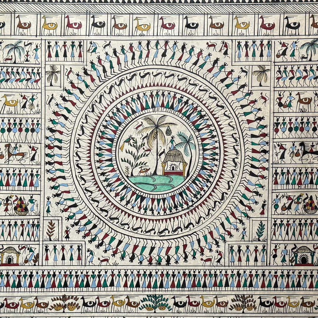 41 X 20 Inch | Handmade Tussar Silk Saura Mandala Painting