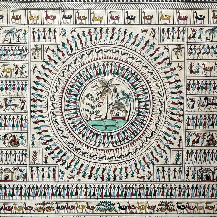 41 X 20 Inch | Handmade Tussar Silk Saura Mandala Painting