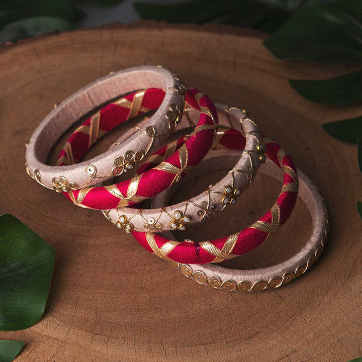 Pink & White Handcrafted Gotta Patti & Sequins Bangles | Set of 5