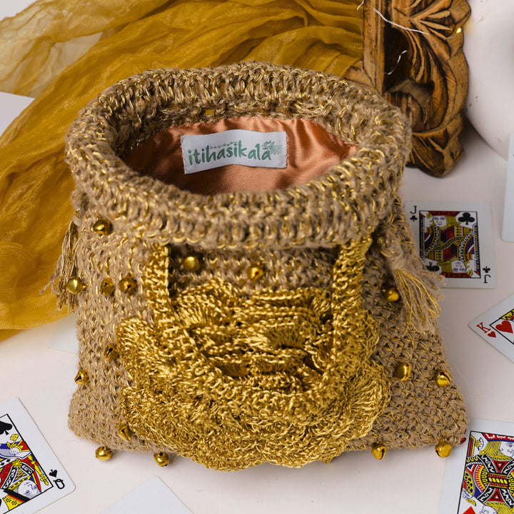 Handmade Crochet Golden Royal Ghungroo Potli