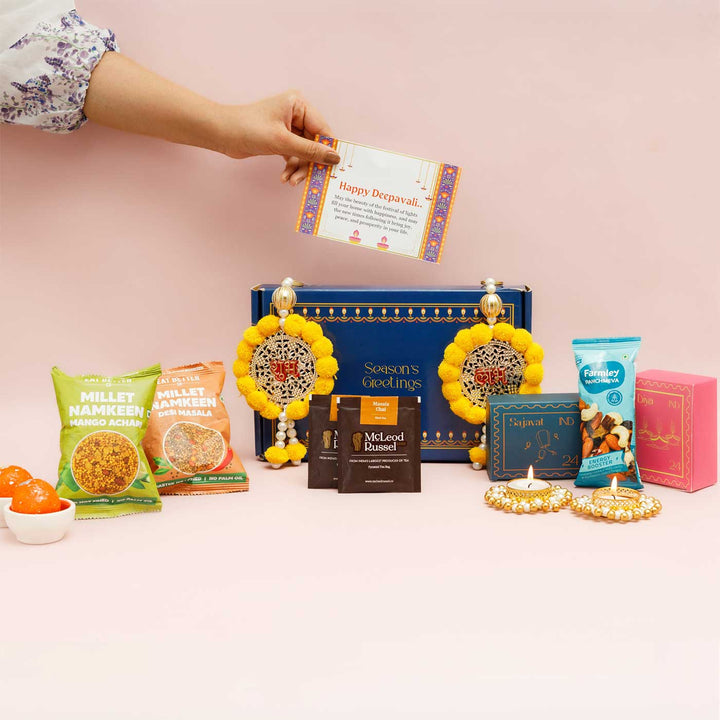 Handmade Prakash Gift Hamper | Includes 2 Tea Sachets, 2 Tea Light Holder, 2 Snacks, 1 Sajavat Shubh Labh, 1 Festive Card And 1 Box