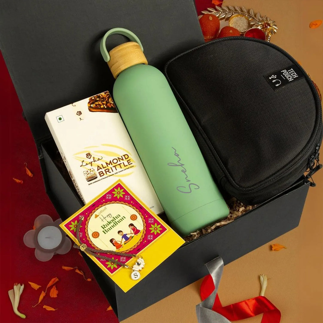 Personalized Tech Bro Rakhi Hamper | Includes 1 Bottle, 1 Tech Pouch, 1 Almond Brittle & 1 Rakhi & 1 Message Card