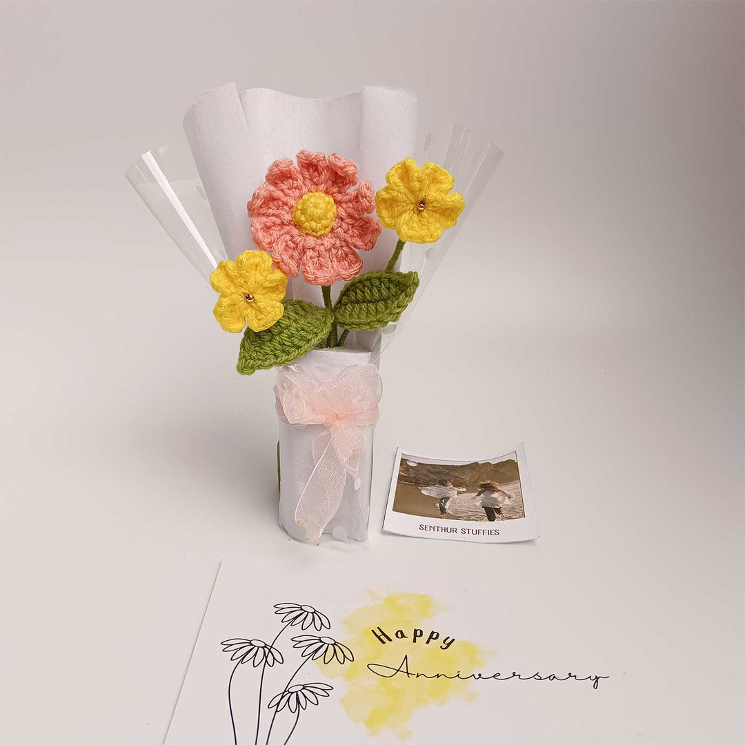 Handmade Crochet Peach & Yellow Mini Flower Bouquet | Includes Photo & Greeting Card