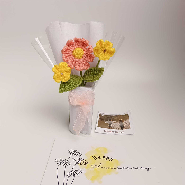 Handmade Crochet Peach & Yellow Mini Flower Bouquet | Includes Photo & Greeting Card