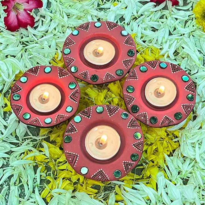 Set of 6 | Red Hand-Painted Flower-Shaped Terracotta Diya Tealight Holders For Festive Decor