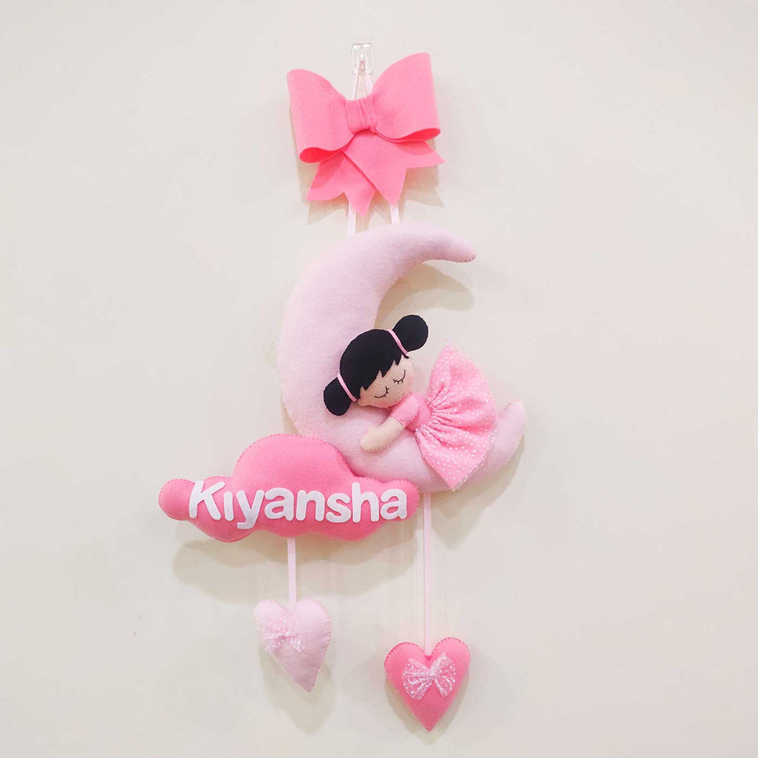 Personalized Handmade Girl On Moon Theme Felt Kids Name Plate