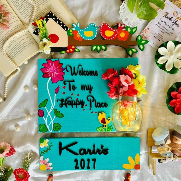 Personalized Sparrow Themed Teal Blue Planks MDF Wood LED Name Plate