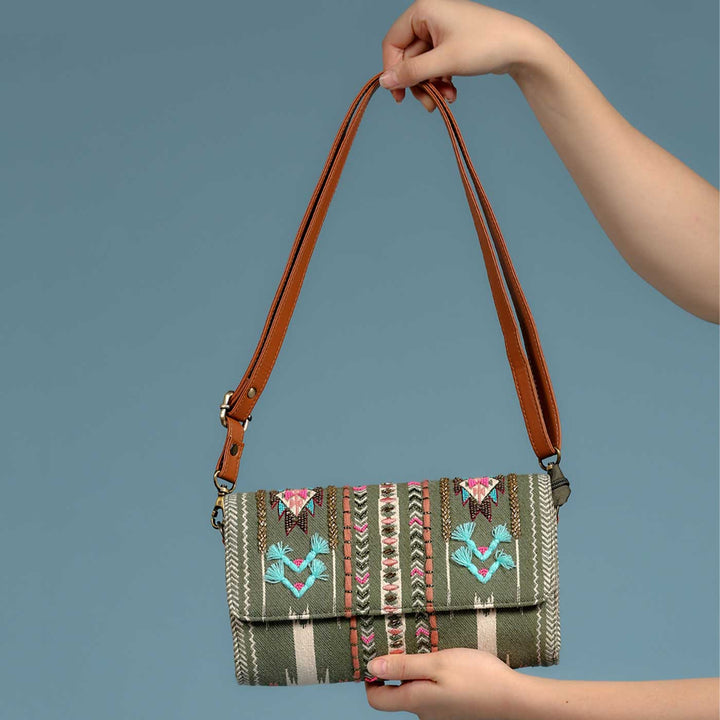 Handmade Embroidered Green Color Sling Bag