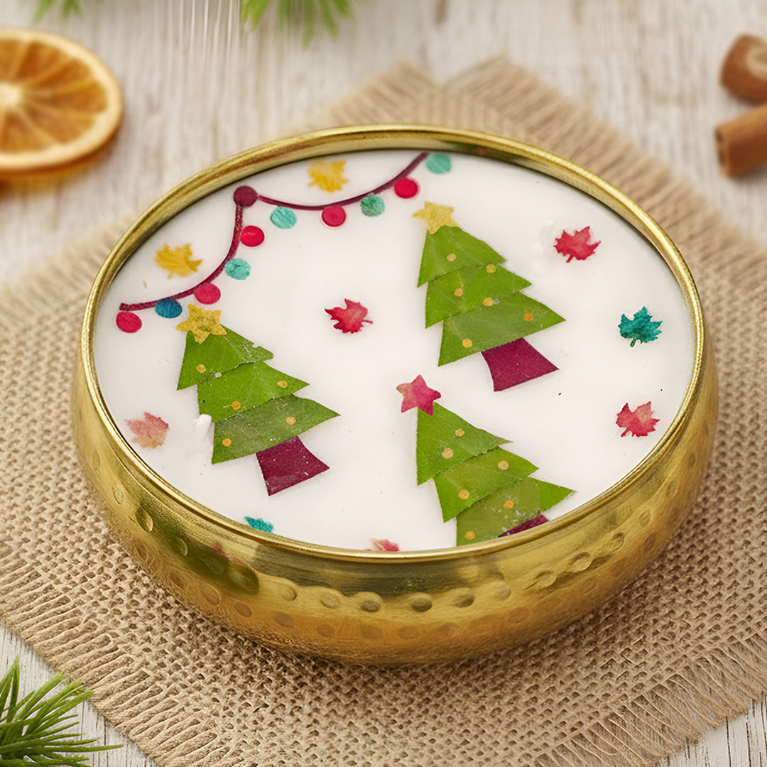 4 Inch | Handmade Pressed Flower Xmas Tree Theme Brass Candle | Packed in a Gift Box