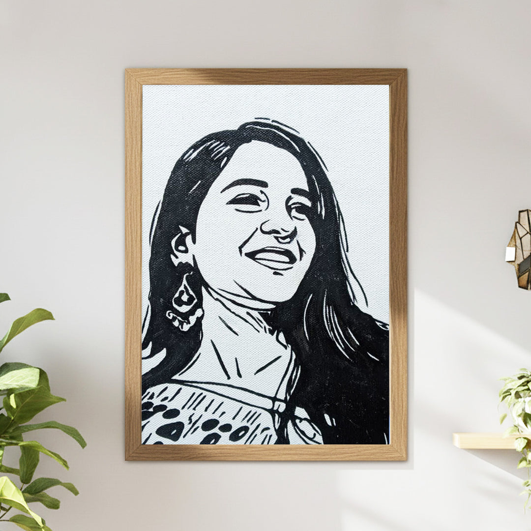 Photo Personalized Black & White Hand Painted Portrait With Premium Wooden Frame