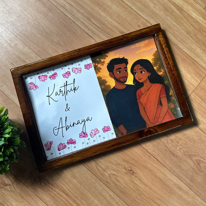 Couple With Floral Caricature Photo Personalized Resin Wooden Frame Name Plate