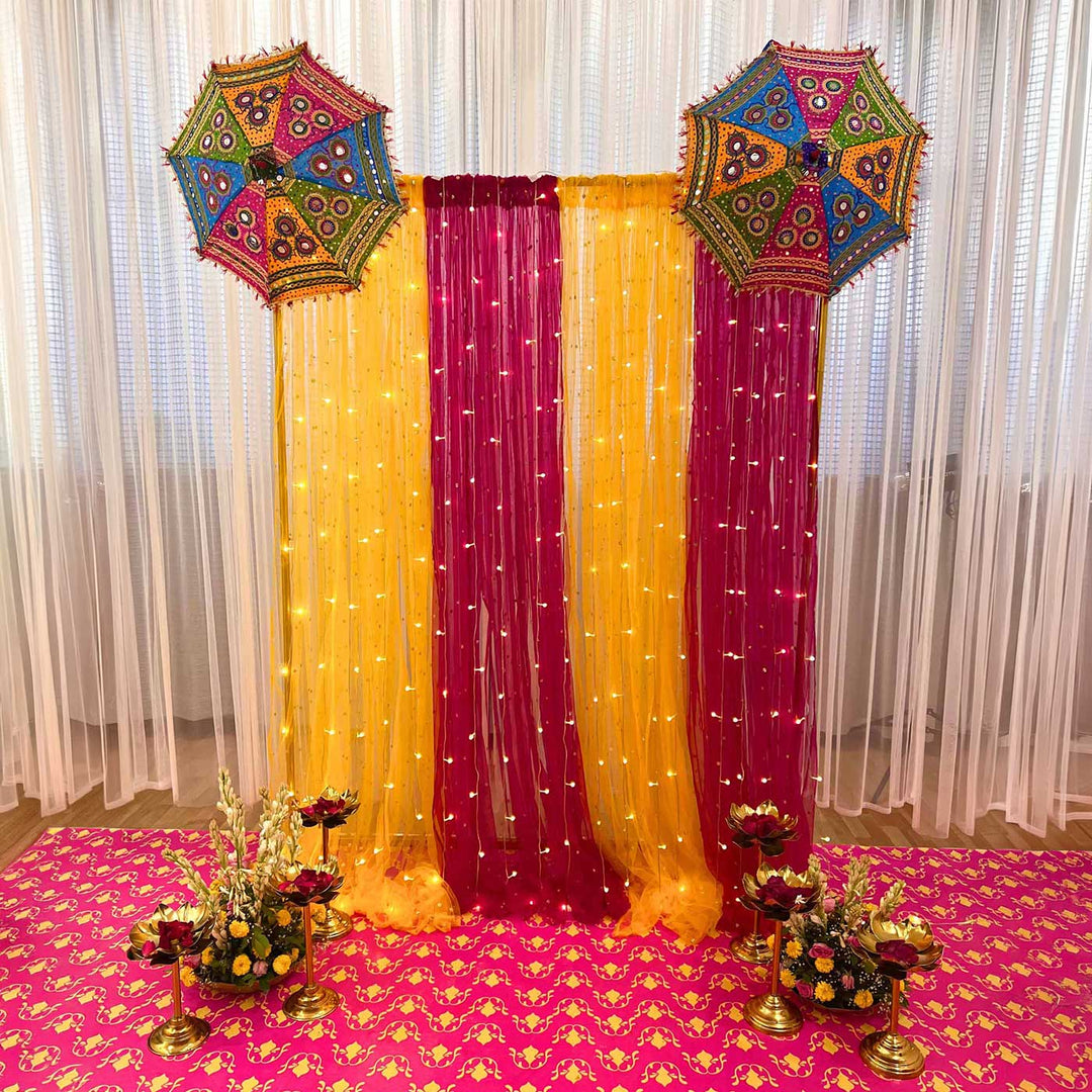 Rang Mahal Sheer Drape Backdrop Decor Kit With Printed Umbrellas & Fairy Lights