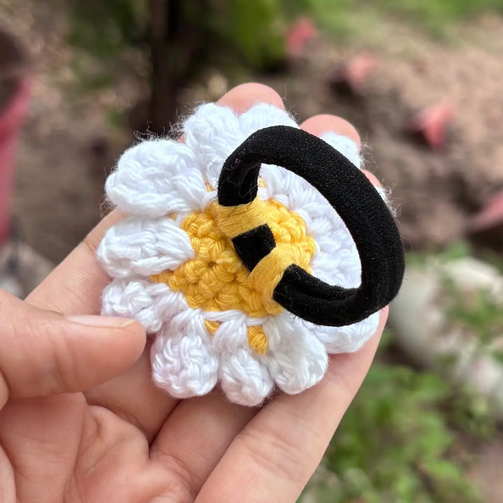 Handmade Crochet White Daisy Flower Design Cotton Hair Tie