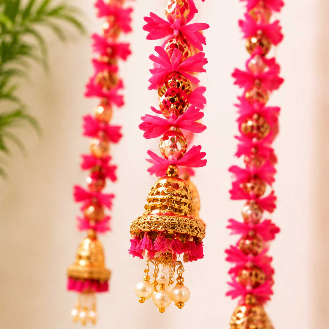 Handcrafted Artificial Flower Pink Tassel Hangings With Gold Bead Detailing