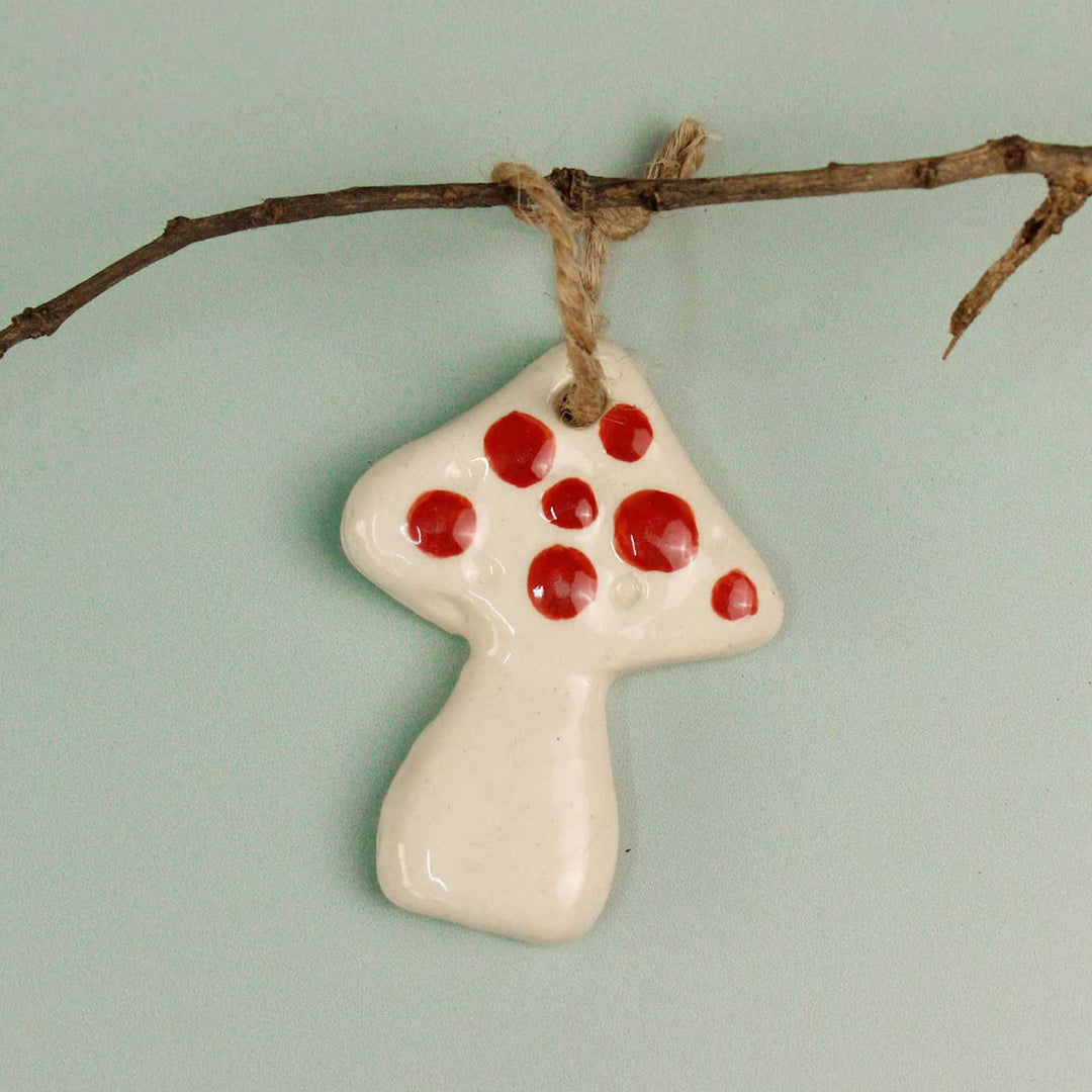 Handmade White Ceramic Mushroom Ornaments For Christmas Tree Decoration | Set Of 5