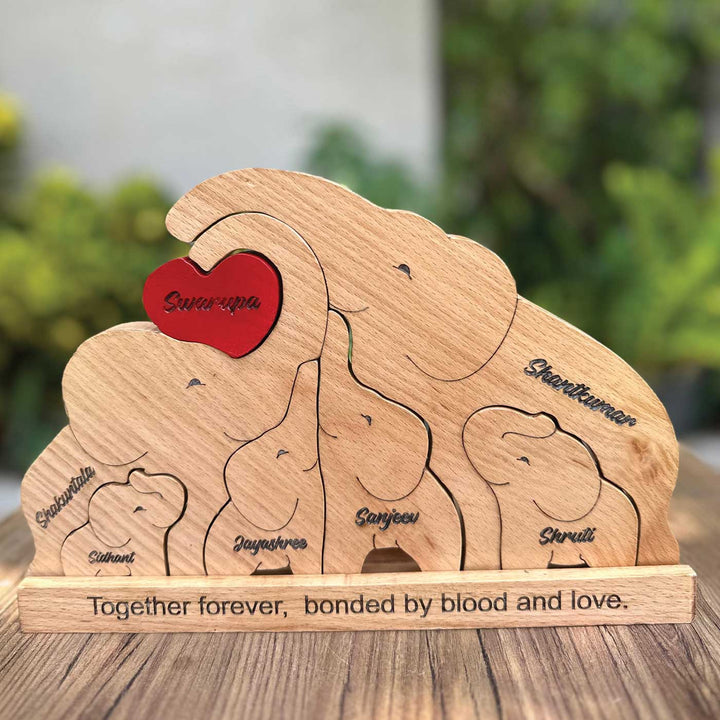 Personalized Elephant Family Of 6 Wooden Figurine