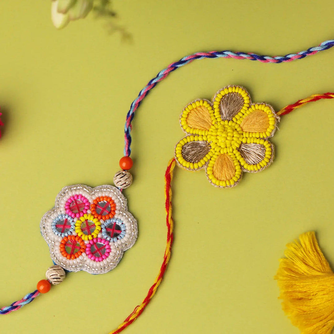Handmade Beaded Floral Rakhi With Roli Chawal | Set Of 2