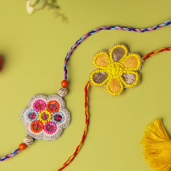 Handmade Beaded Floral Rakhi With Roli Chawal | Set Of 2