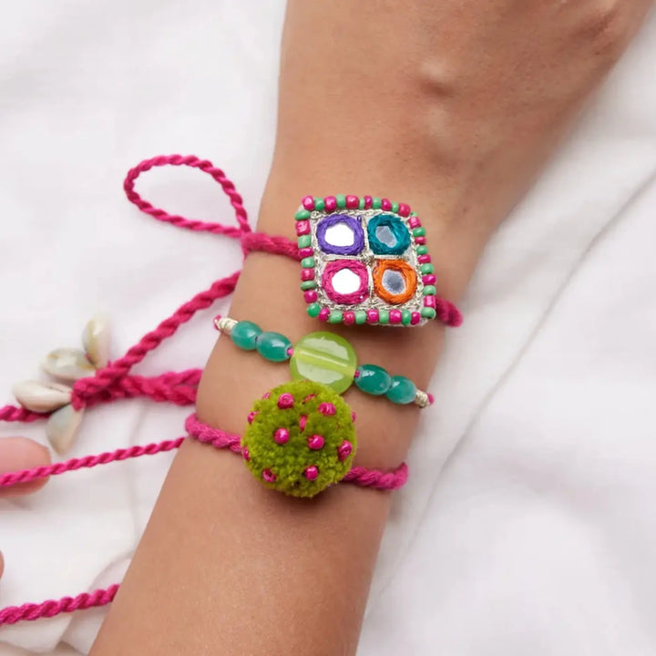 3 pc Rakhi + Brass Thali Set | Premium Kishmish Mirror Work Rakhi Set with Roli Chawal