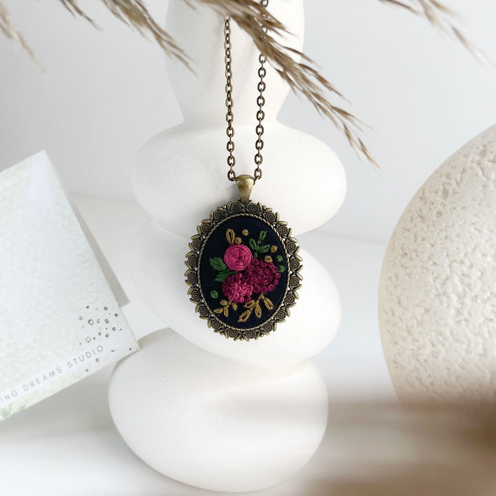 Hand Embroidered Black Soil Bloom Antique Finish Necklace