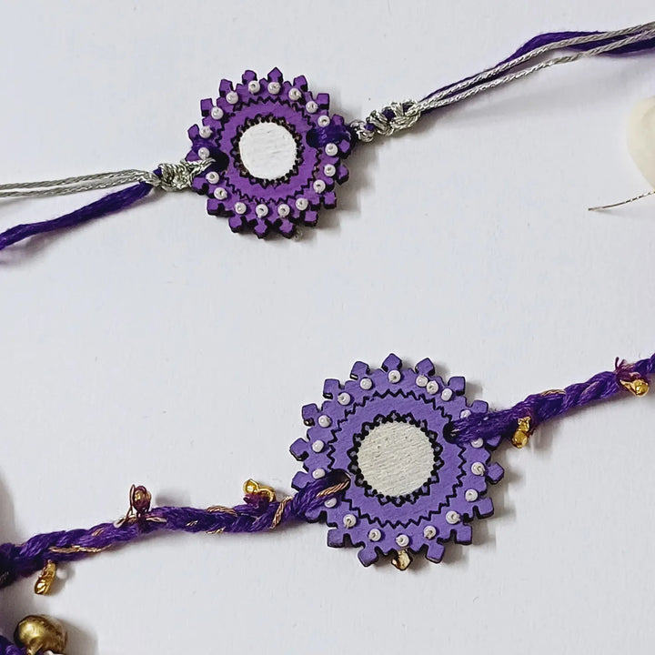 Handmade Reusable Purple Ghungroo Shell & Beads Wooden Bhaiya Bhabhi Rakhi With Roli Chawal