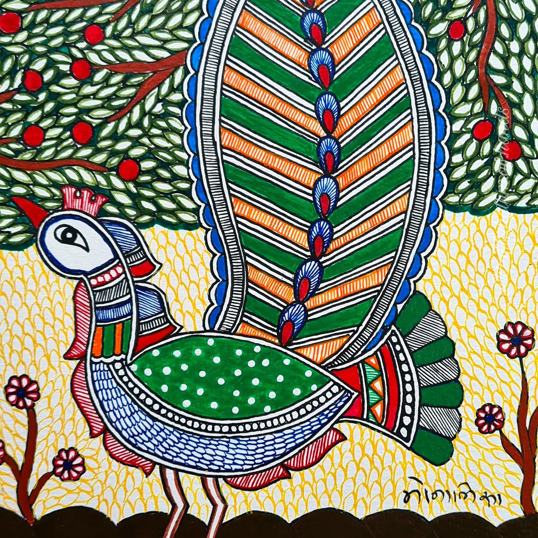 11 x 16 Inch | Peacock Under The Tree | Original Hand Painted Madhubani Painting On Paper