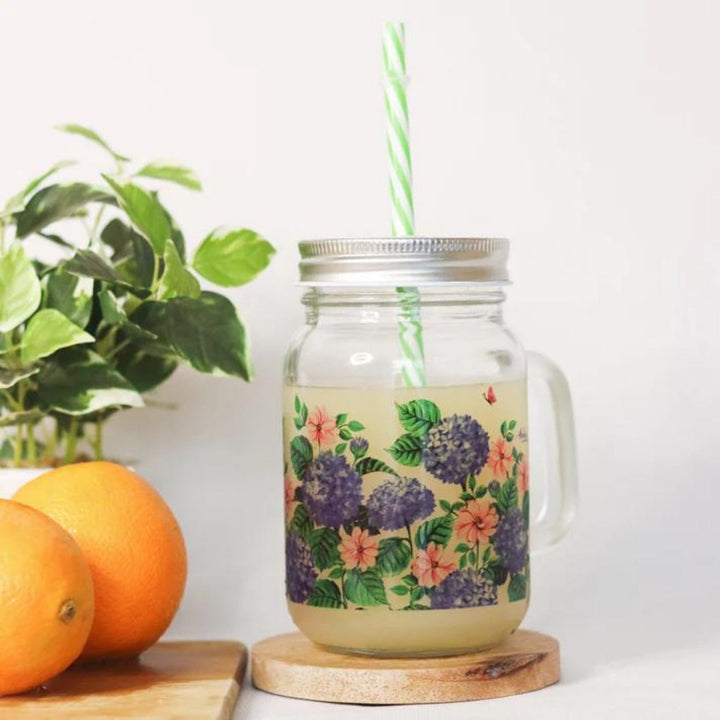 Botanical Print Mason Jar with Metal Lid & Straw | 500 ml