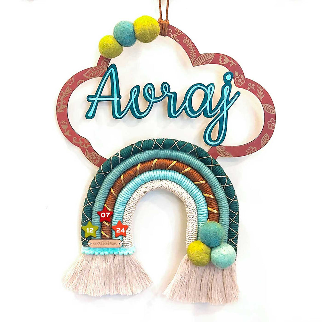 Macrame Cloud Rainbow Personalized Kids Name Plate - Name Personalization Example Hanging View