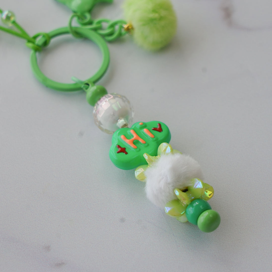 Green Cloud Bead & Fluffy Pom Pom Bag Charm With Keyring