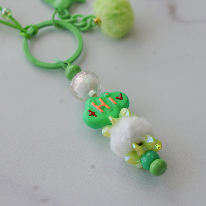 Green Cloud Bead & Fluffy Pom Pom Bag Charm With Keyring