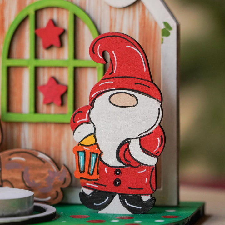 Hand-Painted Santa & Reindeer House Wooden Tealight Holder For Christmas Decoration