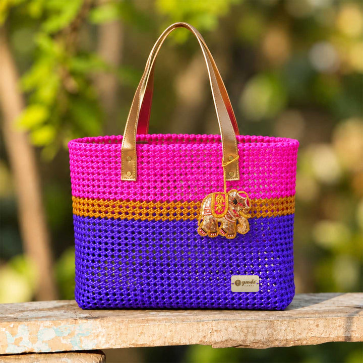 "Utsav" Pink And Purple Stripes Handmade Wire Koodai Tote Bag With Royal Elephant Zardosi Charm