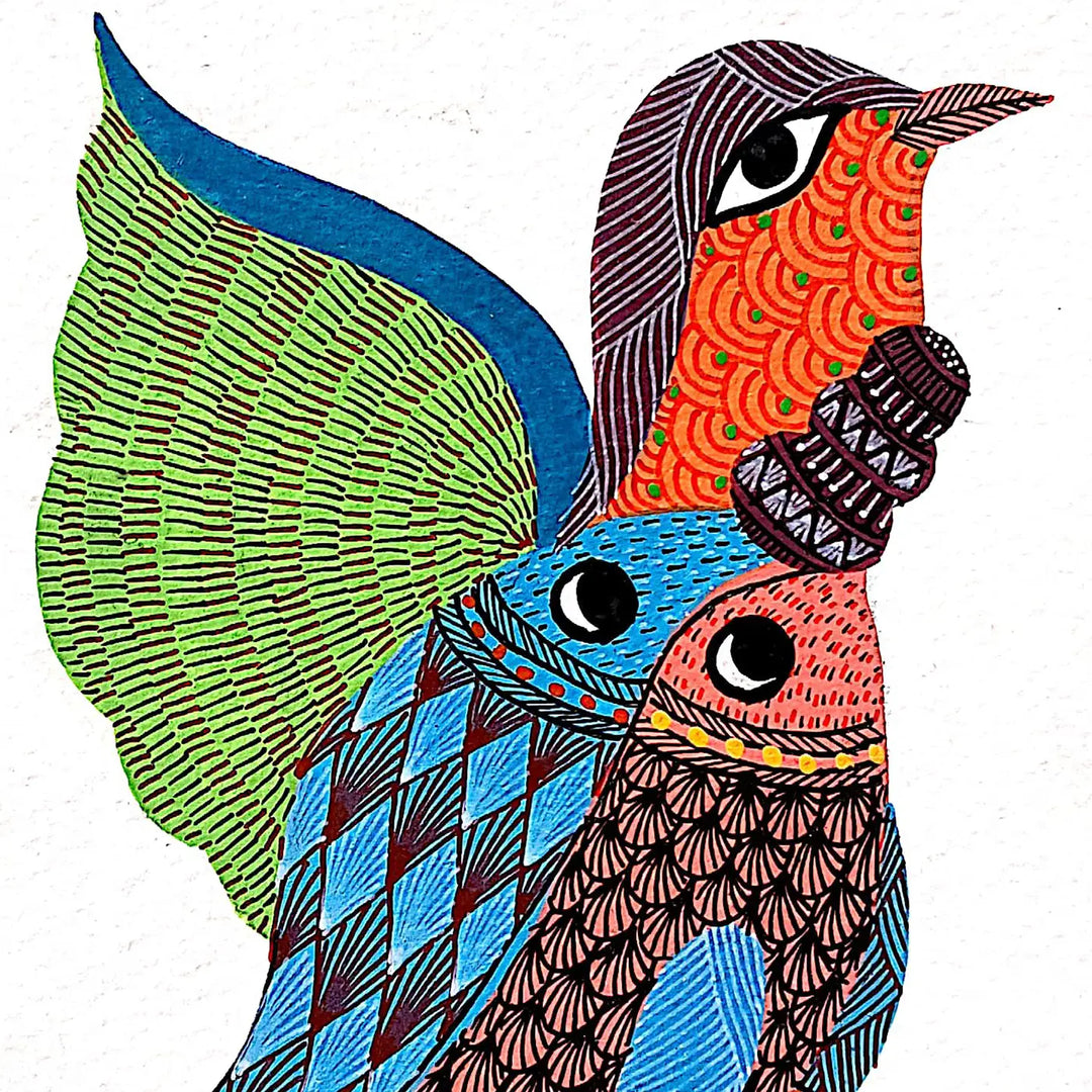 6 x 8 Inch | Feathers and Fins | Original Hand painted Tribal Gond Art Painting | Acrylic Paints On Paper