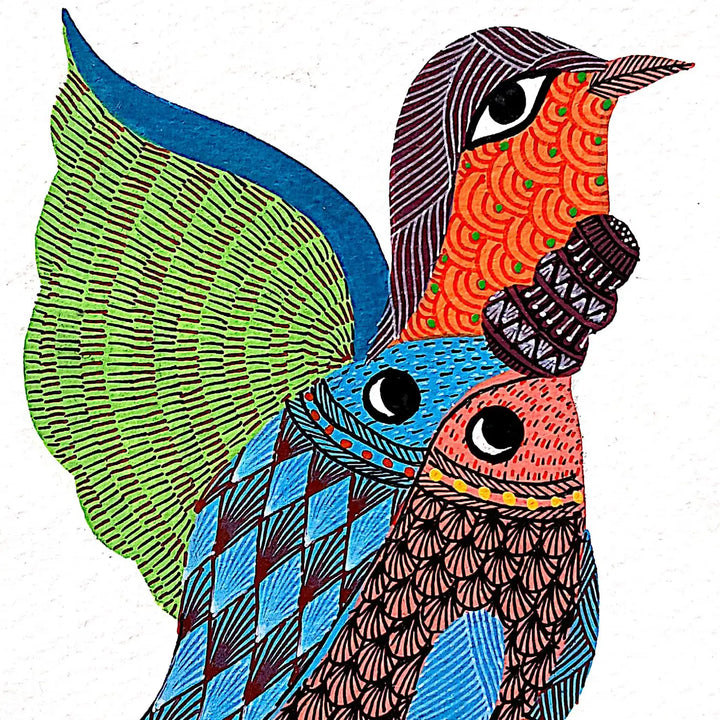6 x 8 Inch | Feathers and Fins | Original Hand painted Tribal Gond Art Painting | Acrylic Paints On Paper