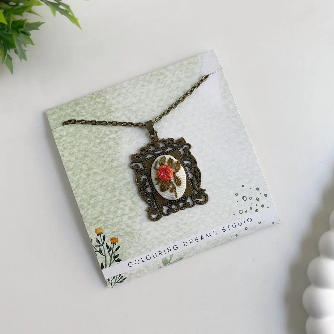 Hand Embroidered Flamingo Petals Antique Finish Necklace