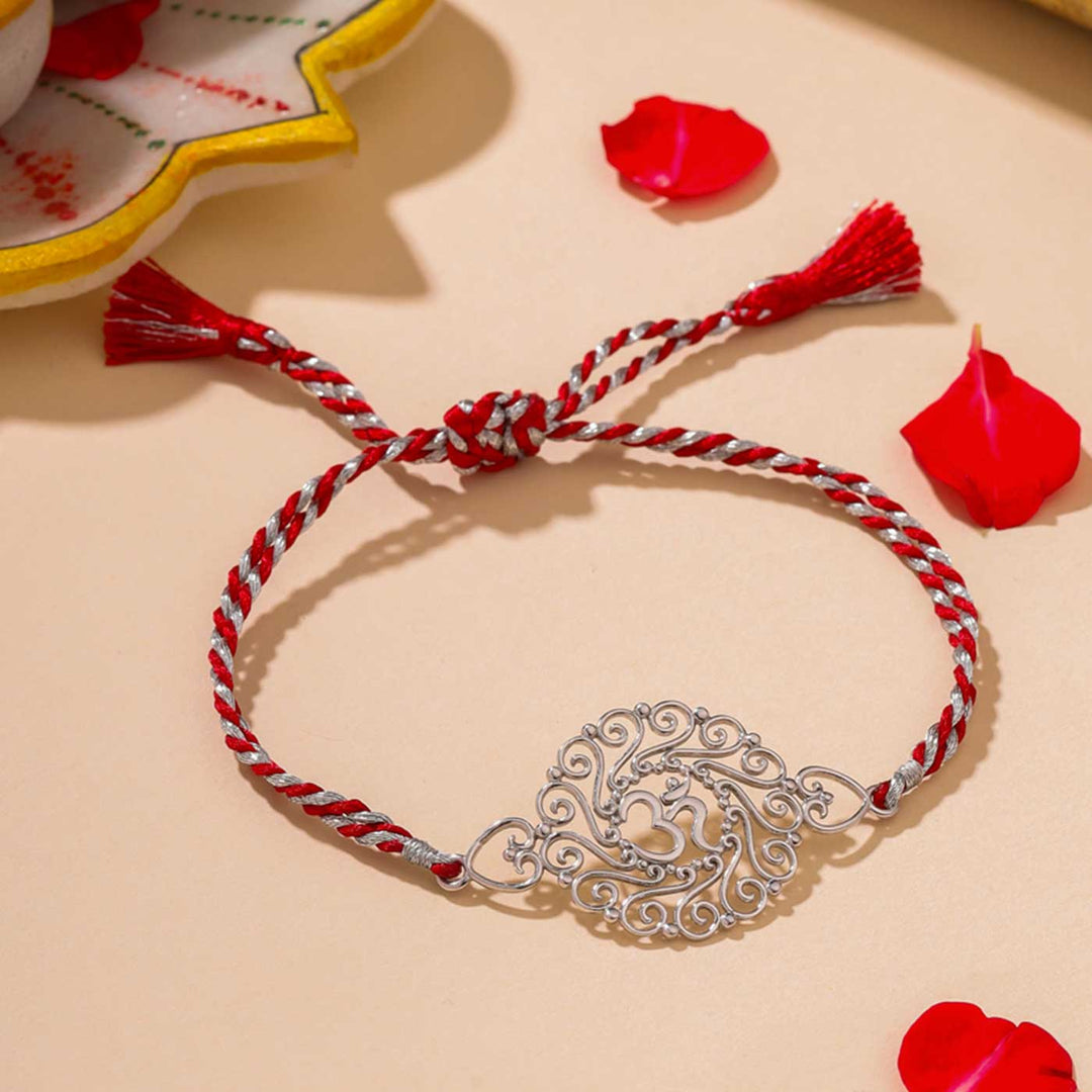 Handmade Om Design Religious Silver Rakhi For Brother - Front View
