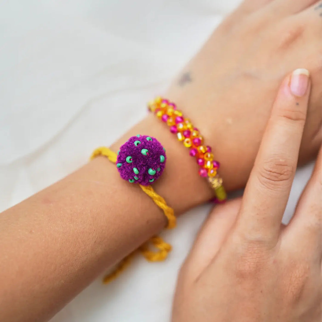 3 pc Rakhi + Brass Thali Set | Premium Koocha Laddoo Beaded Rakhi Set with Roli Chawal