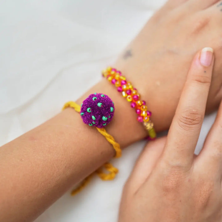 3 pc Rakhi + Brass Thali Set | Premium Koocha Laddoo Beaded Rakhi Set with Roli Chawal