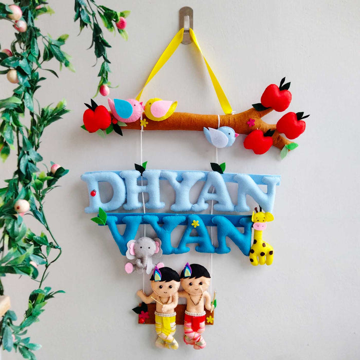 Personalized Krishna Theme Felt Kids Name Plate For Brothers