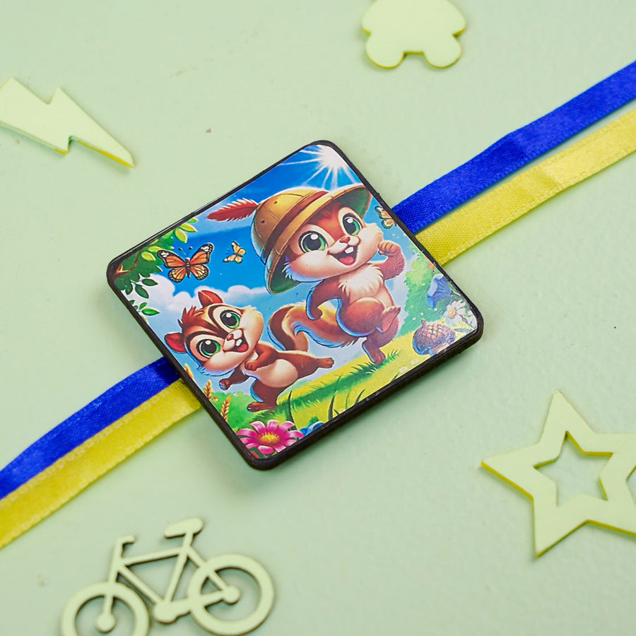Squirrel Twins Reusable Mdf Wood Rakhi With Roli Chawal For Siblings - Top View with Decoration Items