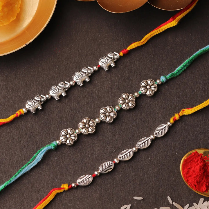 Handmade Elephants, Flowers & Leaves Rakhi With Roli Chawal | Set Of 3
