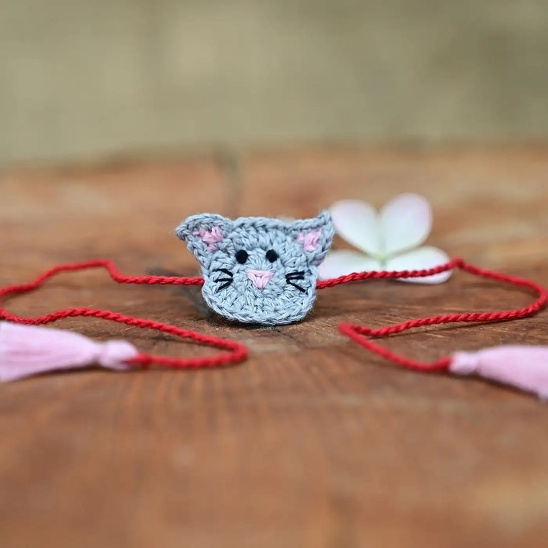 Handmade Crochet Cat Theme Kids Rakhi With Roli Chawal