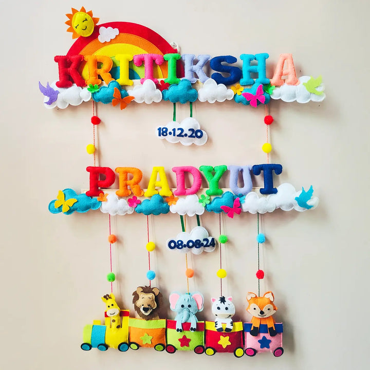 Personalized Rainbow & Animal Train Theme Felt Kids Name Plate