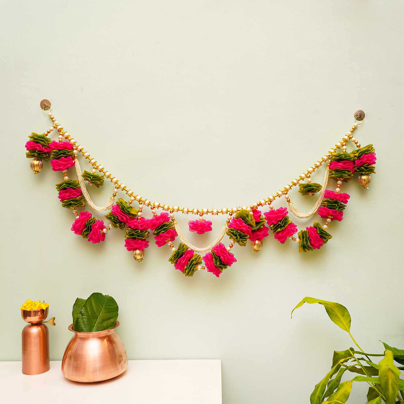 Buy Handmade Pink & Green Tissue Flower Toran Online On Zwende