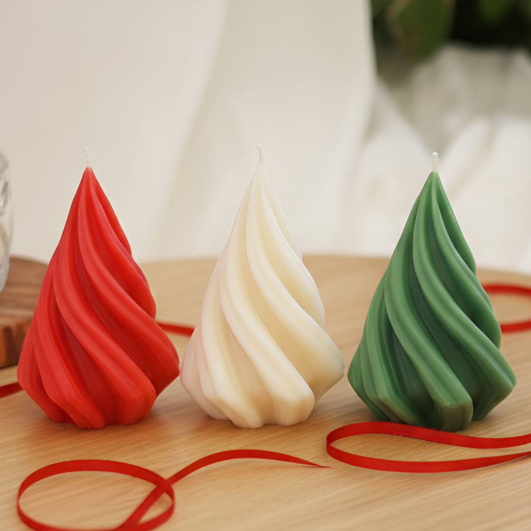3 Pc | Handmade White, Red & Green Swirl Tree Soy Wax Candles