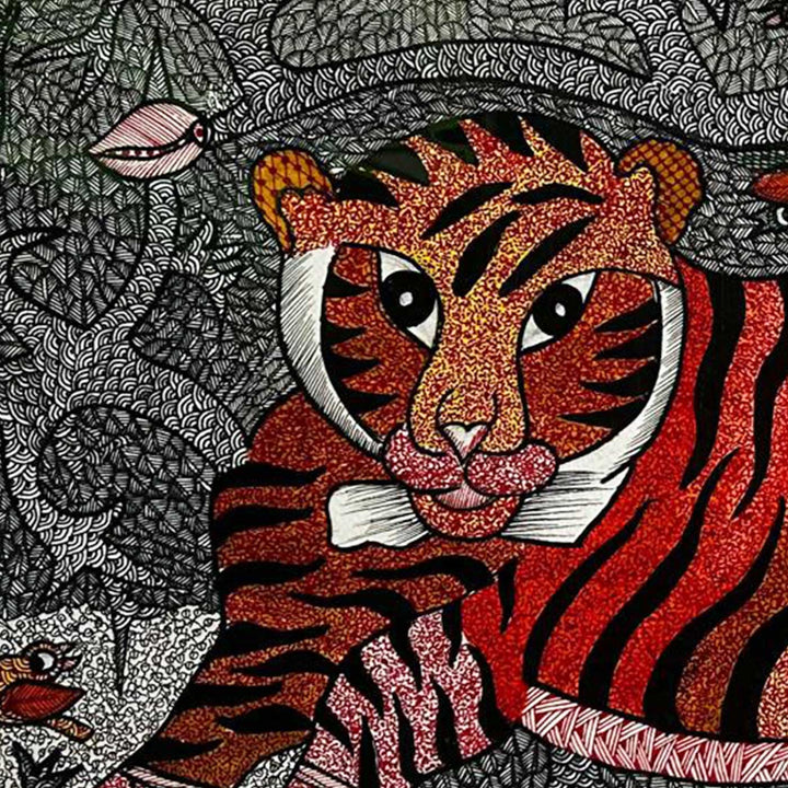 15 x 22 Inch | Tiger & Birds | Original Hand Painted Tribal Gond Art Painting | Acrylic Paints On Paper